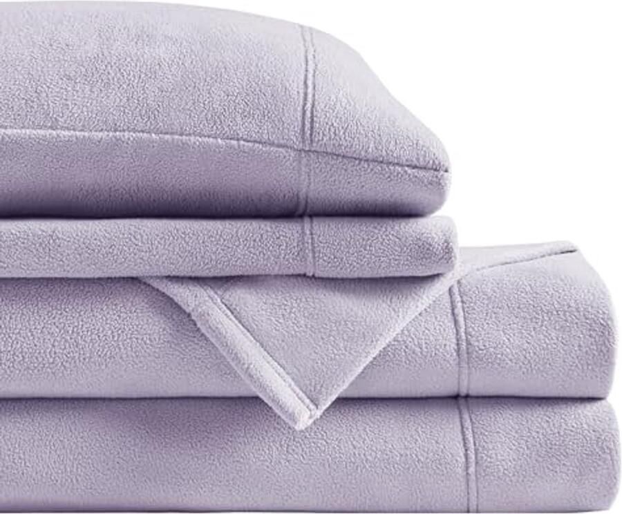 Micro Fleece Bed Sheet Set Warm and Cozy for Cold Seasons 4 Piece Full Set with Pillow Cases Lavender Color