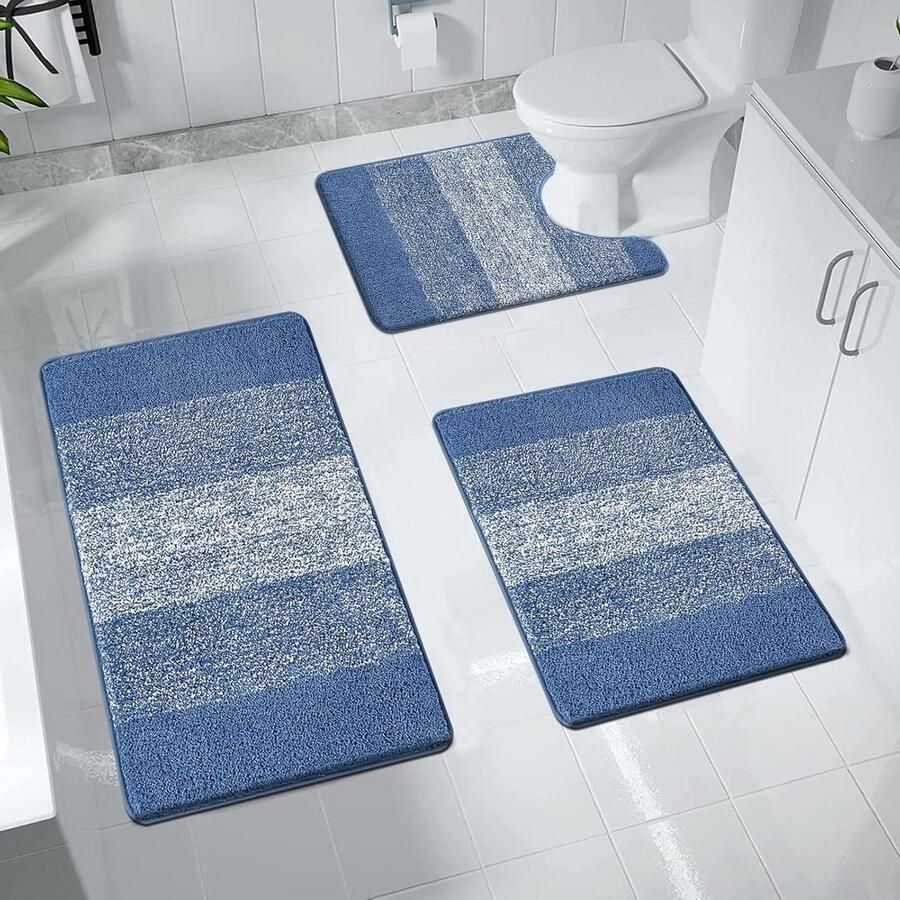Microfiber badmat set 3-delige badmatten in blauw antislip en wasbaar