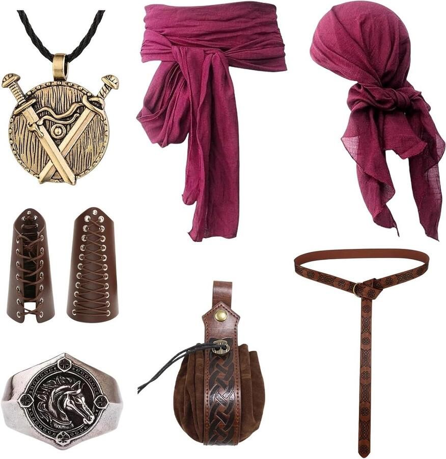 Middeleeuws piratenkostuum accessoireset voor dames en heren Rood 8 stuks