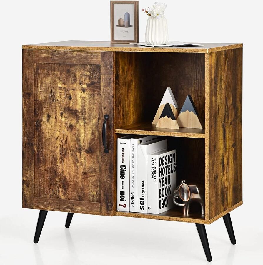 Livingsigns Middeleeuwse opbergkast enkele deur vloerkast met verstelbare planken vrijstaande kast keuken dressoir houten accent zijkast voor woonkamer slaapkamer rustiek bruin