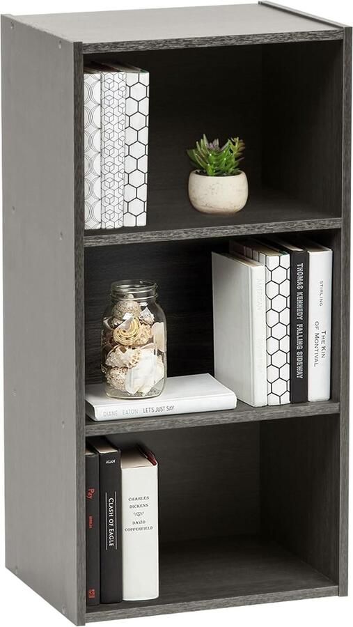 Middelgrote boekenkast met 3 niveaus houten boekenkast kubusboekenkast boekenkast kast met planken Modulair Kantoor Woonkamer Entree Module Shelf MDB-3 Grijs Eiken