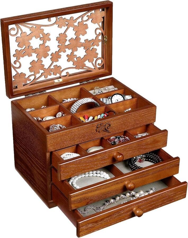 Middelgrote Houten Sieraden Doos voor Vrouwen Met Laden Sieradenopslag Organizer