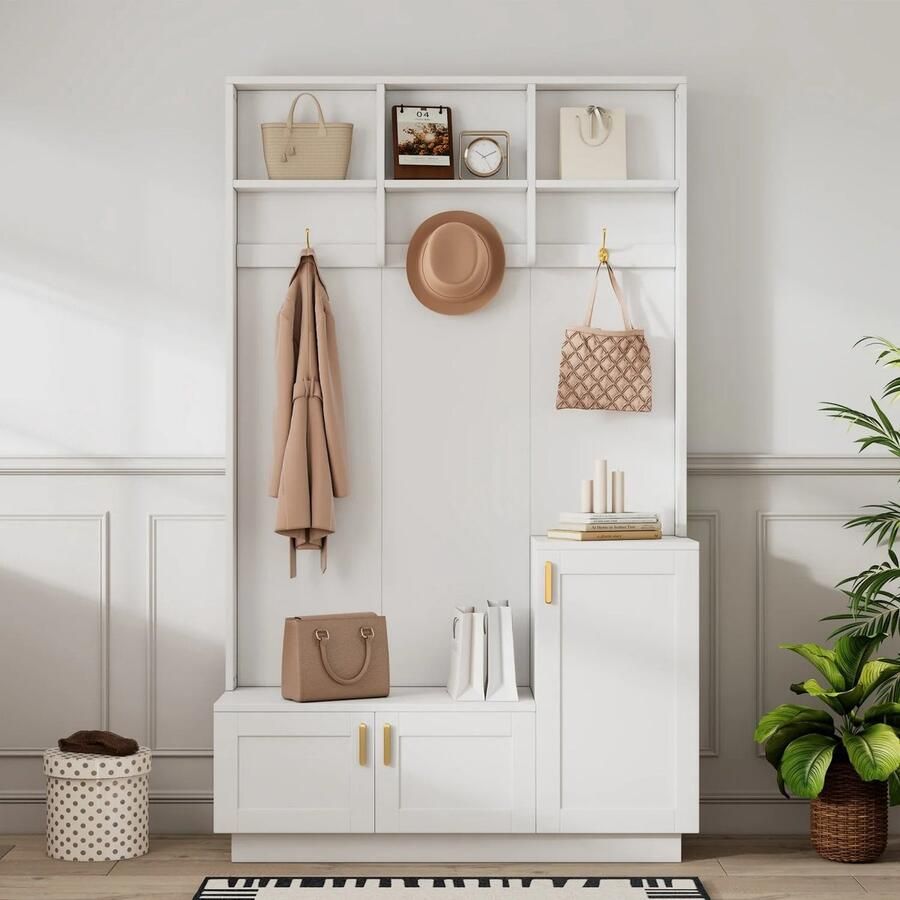 Mila Shop Garderobeset Schoenenrek Met bankje Kapstok Garderobekast Halkast Gangkast Halmeubel met kapstok 40x120x200cm (LxBxH)