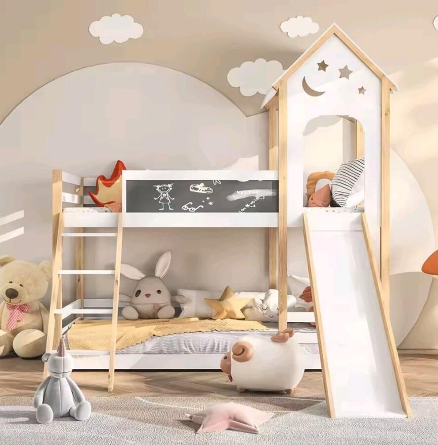 Mila Shop Hoogslaper Kinderbed Stapelbed met trap Met glijbaan Met schoolbord Met klimladder Massief houten bed 90x200cm