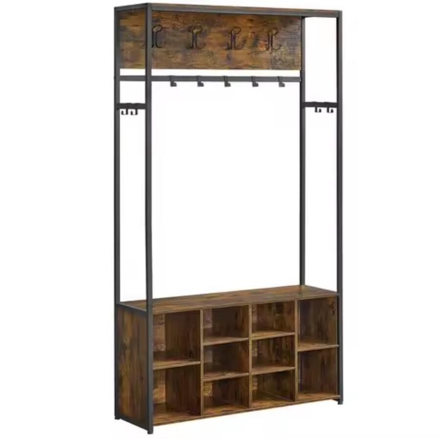 Mila Shop Kapstok Gangkast Kledingkast Schoenenkast Hal garderobekast 4 in 1 Opbergplank met 10 haken 4 drievoudige haken 32x100x180 cm Hout Staal Industrieel