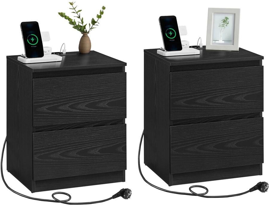 Mila Shop Nachtkastje Nachtkastjes set van 2 Met stopcontacten 3 lades 2 AC-aansluitingen 1 USB-A-poort Zwart 35x40x59 cm (D X B X H) - Foto 2