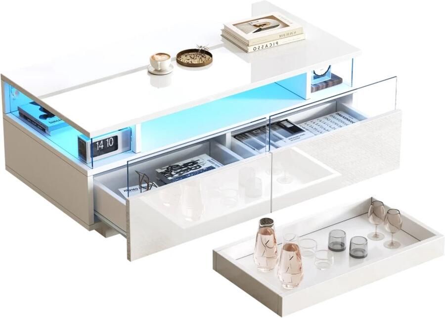 Mila Shop Salontafel Met LED verlichting Verstelbaar in meerdere kleuren Modern 2 lades Opbergruimte Strak design Hoogglans Wit Gehard glas 90 x 45 x 35 5 cm