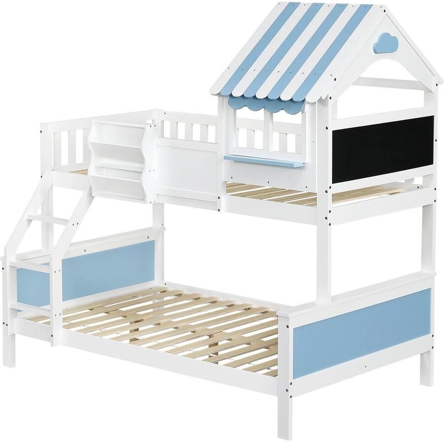 Mila Shop Stapelbed Kinderbed Peuterbed Tweelingbed Massief houten kinderbed 2 kinderen Lattenbodem Hoofdeinde 125x205x206cm Wit Blauw