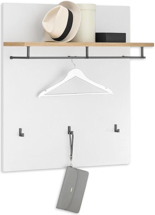Milan Garderobepaneel Moderne Hoedenplank Wit Artisan Eiken Look Betrouwbare Wandhaken Houtmateriaal 85 x 95 x 27 cm kapstok hangend met plank