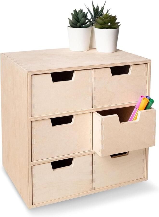 Mini Houten Kist met 6 Laden Onbeschilderd Multiplex 28.5 x 20 x 28.5 cm Perfect voor Opbergen Decoupage en Decoreren