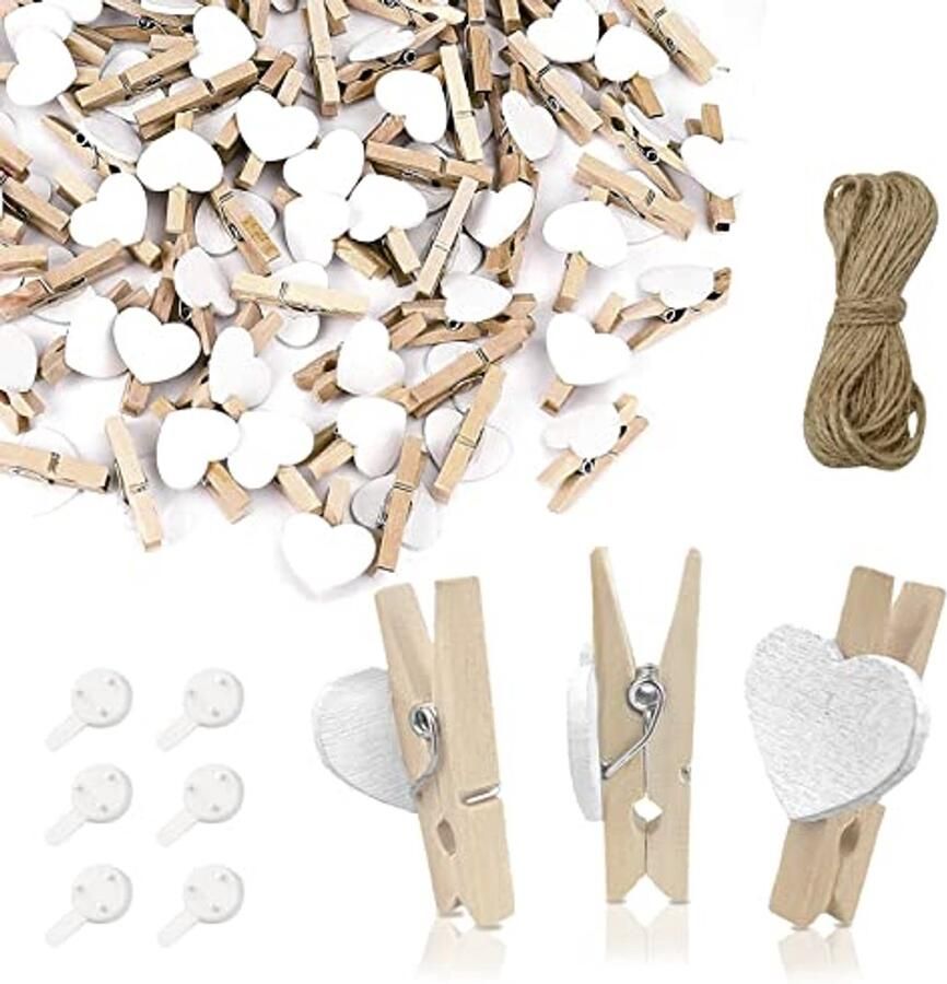Mini Houten Klemmen met Jute Touw en Hangende Haak Decoratieve Klemmen voor Bruiloften Foto's en Knutselen (50 stuks)
