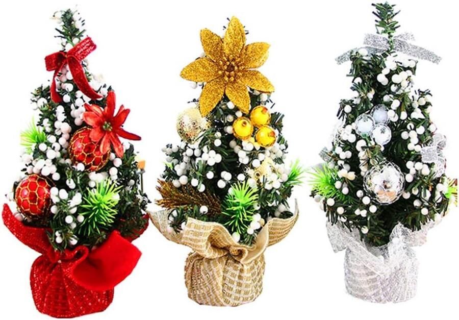 Mini Kerstboom Set Kerstdecoratie 3 stuks Goud Zilver Rood Houten Basis