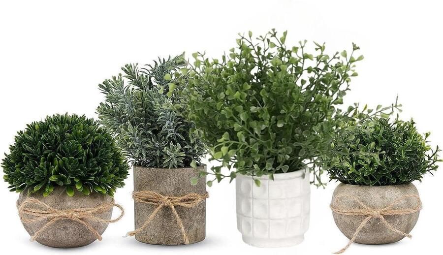 VD WEIDE ENTERPRISE Mini Kunstmatige Topiaries Planten Set van 4 Stuks Kunstmatige Potset Fake Groen Gras Plant Faux Plastic Topiary voor Thuiskantoor Bureau Badkamer Keuken Teller Decoratie (Gemengd)