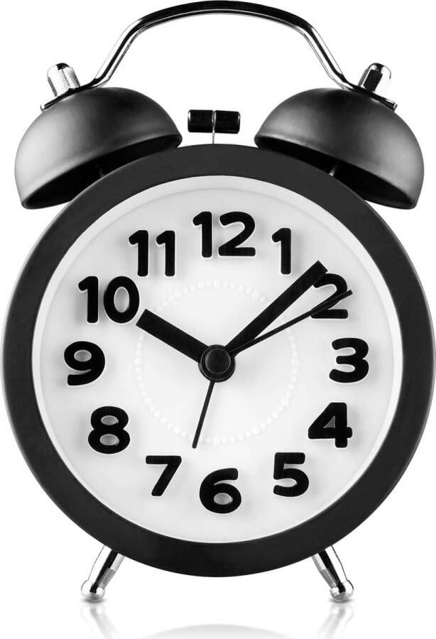 Mini niet-tikkende vintage klassieke bed- analoge wekker met achtergrondverlichting reisklok op batterijen ronde en luide wekker met dubbele bel zwart