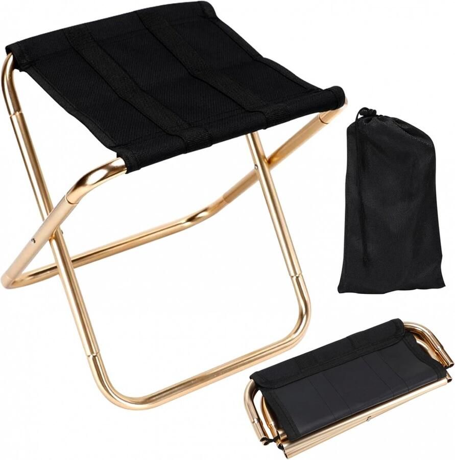 Mini-opvouwbare kruk Draagbare camping-opvouwbare kruk (met draagtas) Draagbare buitenstoel Voetsteun Geschikt voor tuin strand vissen wandelen picknick barbecue reizen (zwart goud 22*25 5*28cm