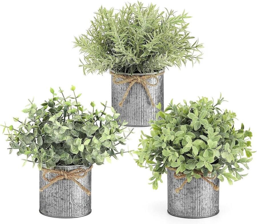 Mini Potted Kunstplanten 3 Pack Nep Plastic Eucalyptus Buxus Rozemarijn Planten in Decoratieve Gegalvaniseerde Metalen Potten Tafelblad Faux Groen voor Thuis Kantoor Bureau Kamer Boerderij Decor nep planten