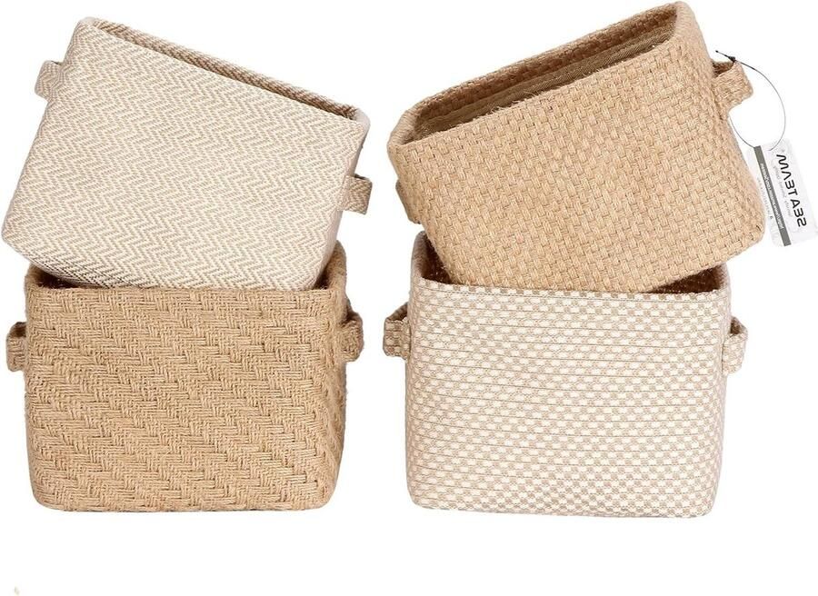 Mini Size Jute Opbergmand 4 stuks Vierkante Doos met Dubbele Handgrepen Tafel en Kamer Kleine Items Opslag Expert 20 * 16 * 15cm 79 * 63 * 59 In