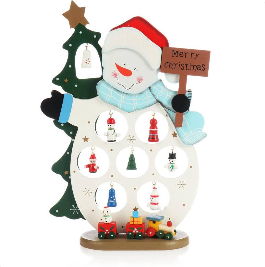 Mini sneeuwpop van hout decoratieve sieraden standaard met veel ornamenten om op te hangen kunstsneeuwpop figuur voor op het bureau (01 stuk Sneeuwpop)