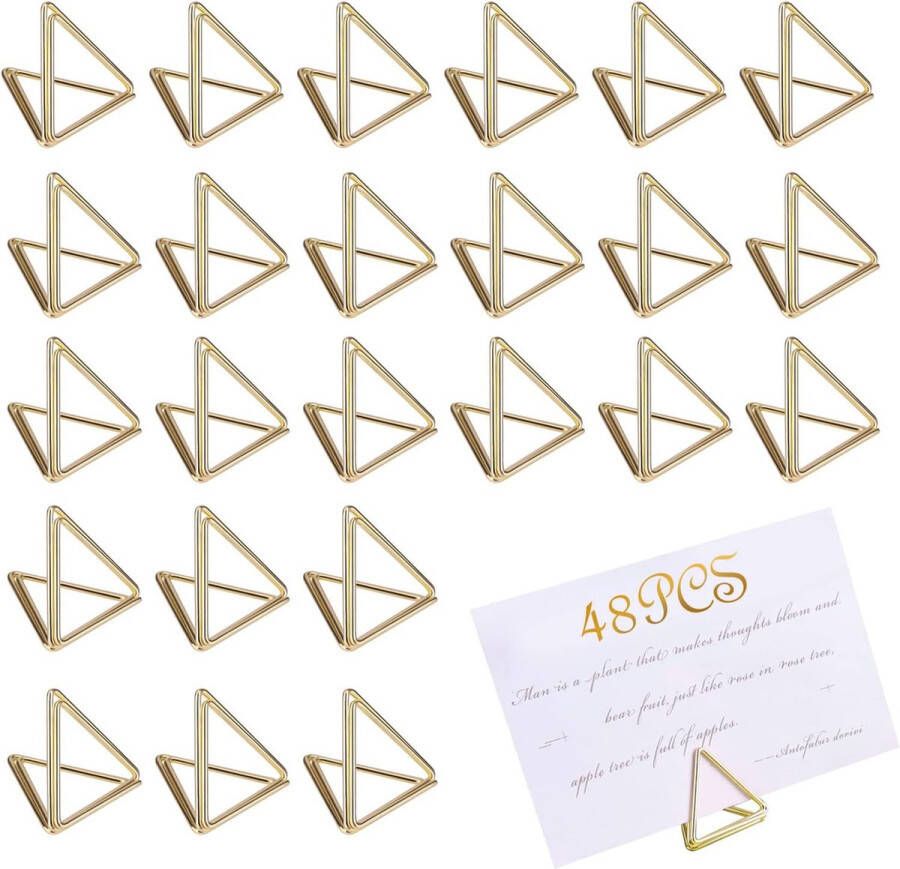 Mini-tafelkaarthouders 48 stuks tafelnummerhouders kleine driehoek fotobeeldhouder voor tafels geschikt voor bruiloften feesten restaurants verjaardagen (goud)
