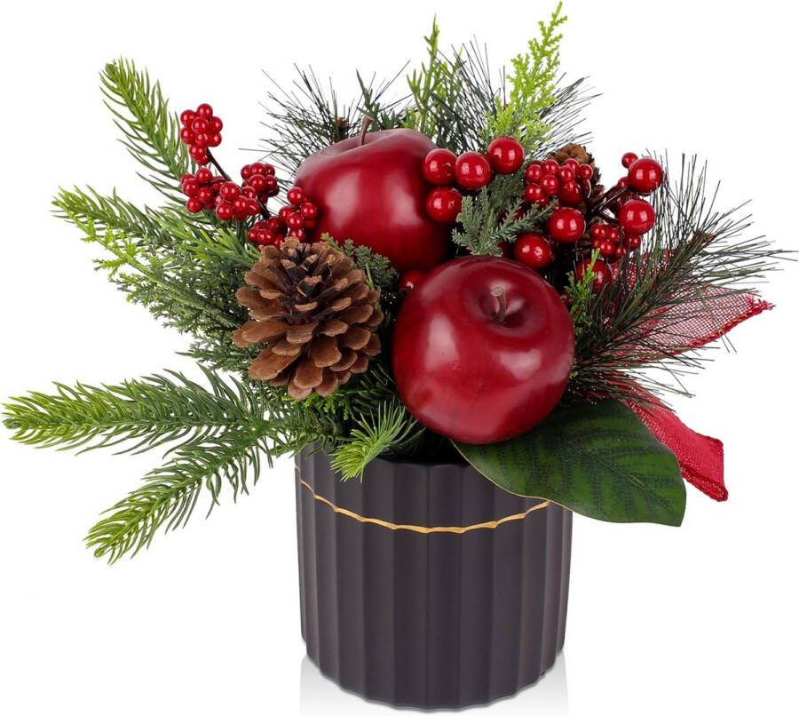 Mini-tafelkerstboom kunstplant in pot kerstdecoratie met appel en lint dennenappels voor kerstdecoratie wooncultuur keuken eettafel decoratieve plant kamerplant tafeldecoratie