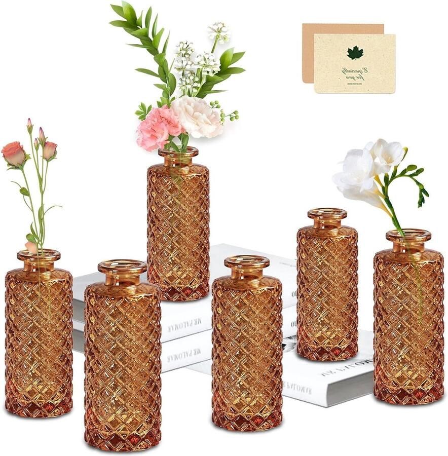 Mini vaasglazen Diamant Stijl Amber Vazen (6 Pak) Kleine Glazen Tafel Middenstukken Bloemen Vaas Vintage Decoratieve Vazen Perfect voor Tafeldecoratie bij Bruiloften