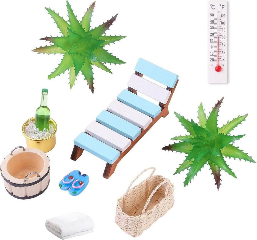 Miniatuur Sauna Accessoires Set 11-Delige Wellness Deco Accessoires Spa Sauna Wellness Cadeaukaart Idee Miniatuur Lounger Handdoek Houten Ton Emmer Kunstplanten Perfect Voor DIY Landschapsdecoratie En Cadeauverpakkingen