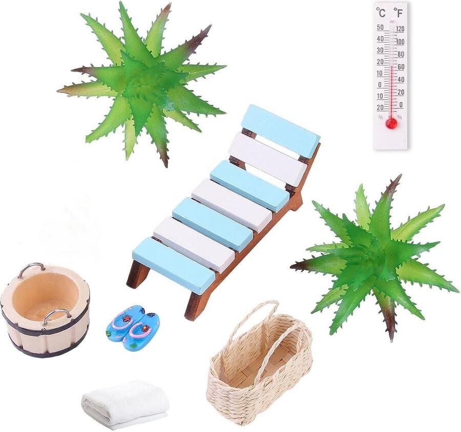 Miniatuur Sauna Accessoires Set 11-Delige Wellness Deco Accessoires Spa Sauna Wellness Cadeaukaart Idee Miniatuur Lounger Handdoek Houten Ton Emmer Kunstplanten Perfect Voor DIY Landschapsdecoratie En Cadeauverpakkingen - Foto 1