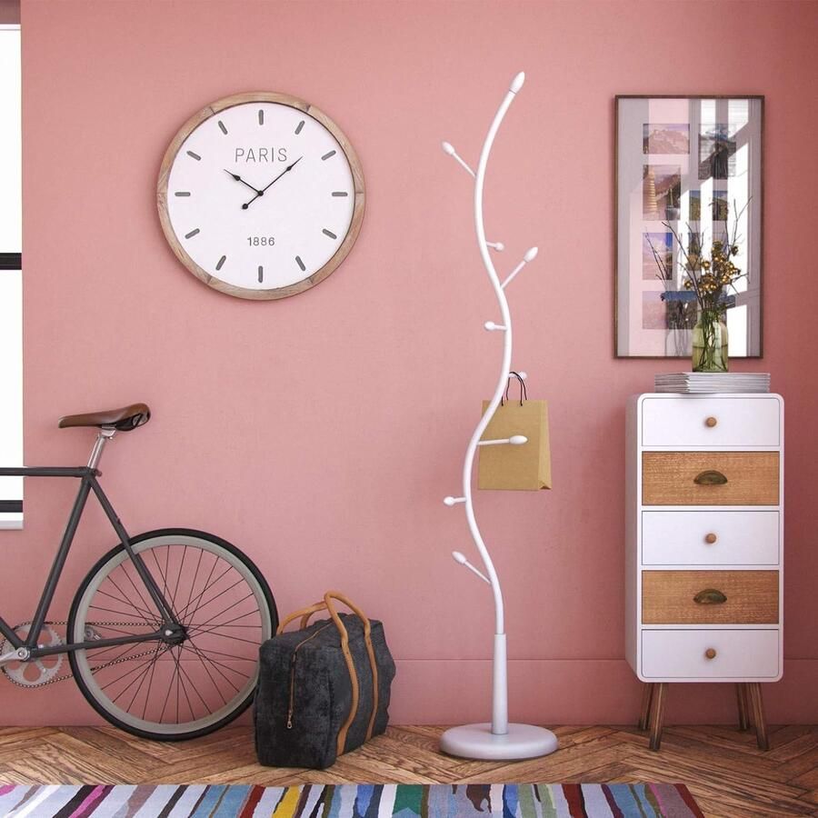 Minimalist coat rack for the entrance with 9 hooks for clothes or bags dimensions (H x L x W) 185 x 32 x 32 cm metal colour: white