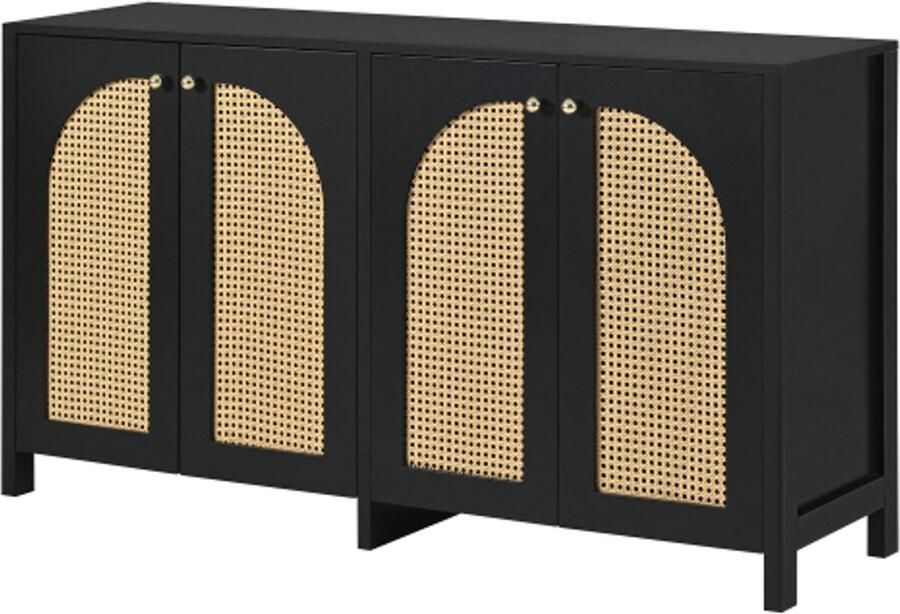 GOTAGEE Minimalistisch dressoir met 4 rotandeuren en metalen handgreep eenvoudige buffetkast voor eetkamer woonkamer keuken (zwart)
