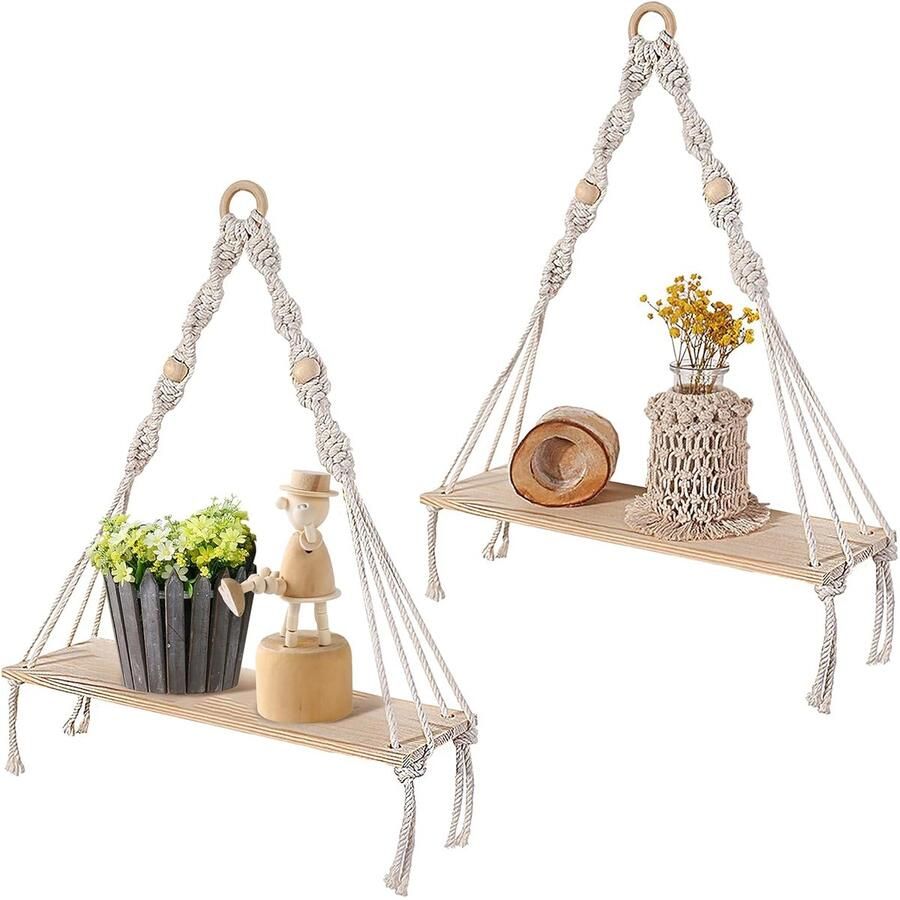 Minimalistisch houten wandrek Boho-stijl 1 stuk Natuurlijk materiaal 72 x 35 cm