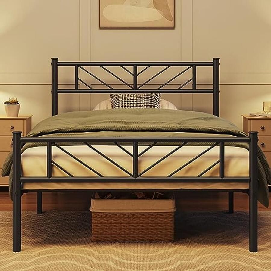 Minimalistisch Metalen Bed 90 x 190 cm met Hoog Hoofdeinde Praktisch Logeerbed met Lattenbodem