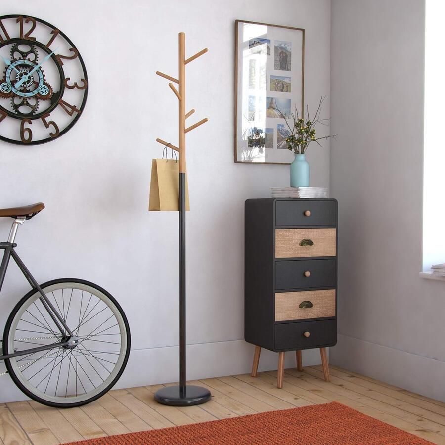 Minimalistische kapstok 6 haken zwart metaal en hout 171cm