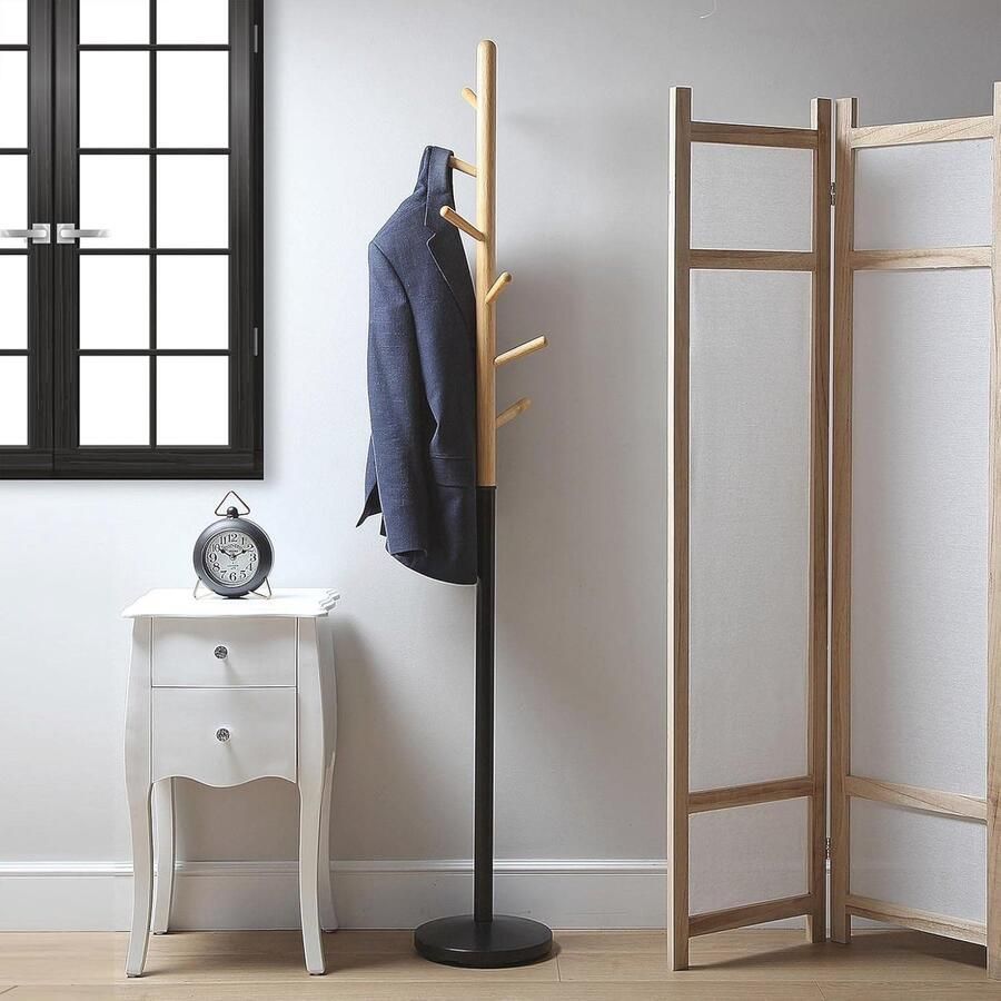 Minimalistische Kapstok met 6 Haken voor Gang Slaapkamer of Kledingkamer Zwart Metaal en Hout