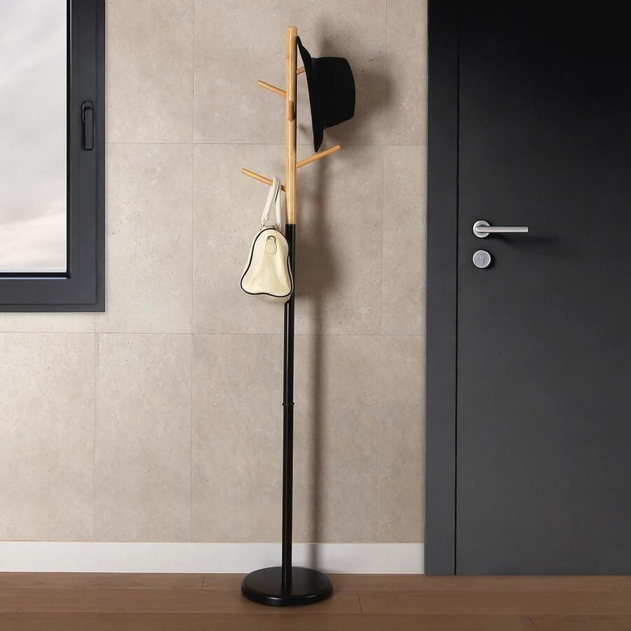Minimalistische kapstok met 6 haken voor gang zwart metaal en bamboe