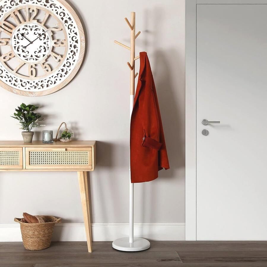 Minimalistische stijl kapstok met 6 haken voor hal Wit met bamboehout