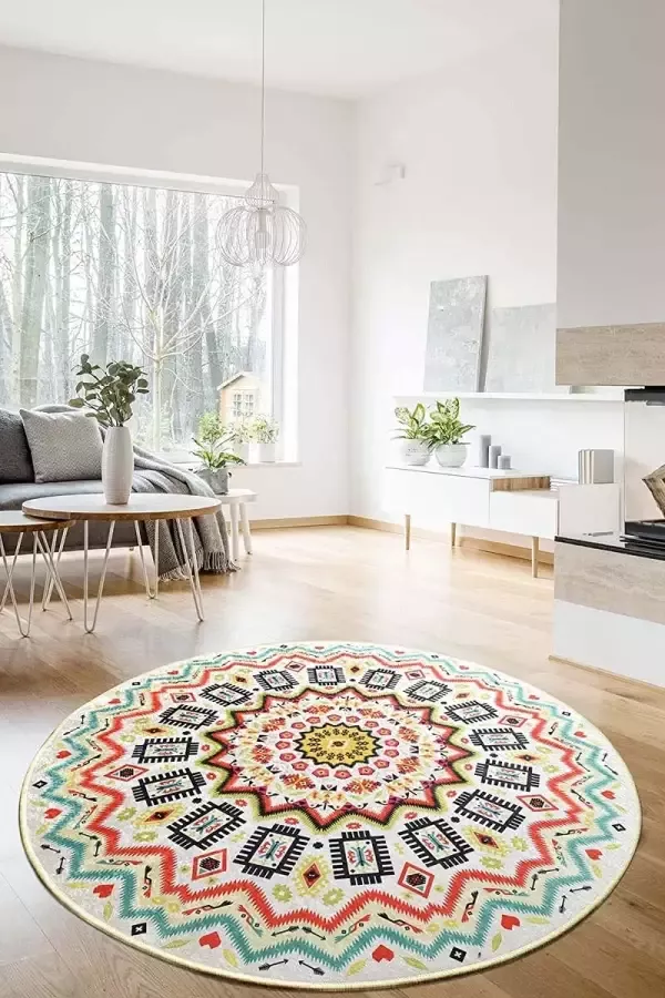 Miqna Mandala Color Boho woonkamertapijt antislip rond laagpolig keukentapijt en balkon wasbaar kleurrijk 140 cm