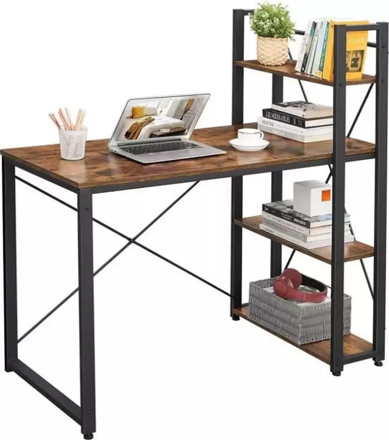 MIRA Home Bureau Computertafel met planken Thuiskantoor Industrieel Vintage Bruin zwart 60x120x76 120