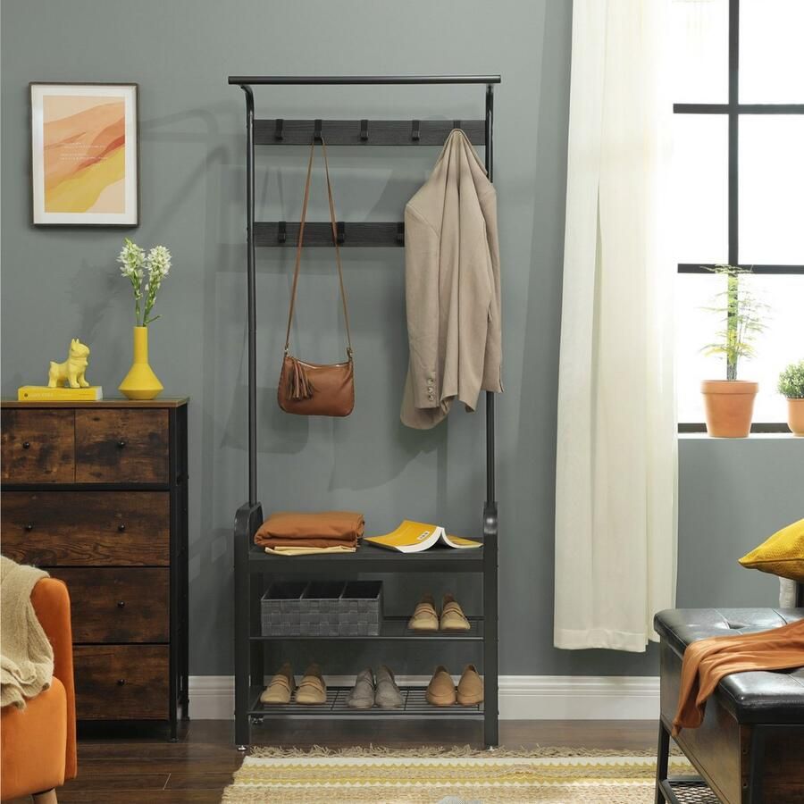 MAZAZU MIRA Home Garderoberek Kapstok met zitbank en schoenenrek Multifuctioneel Industrieel Donkergrijs Zwart- 72x33 7x183 - Foto 2