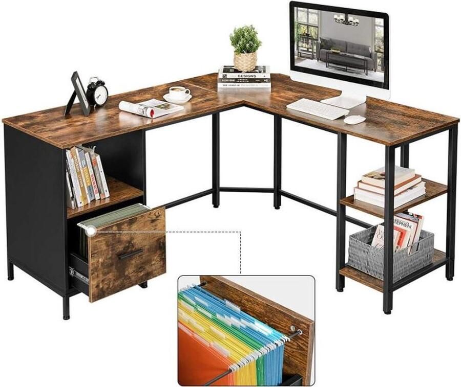 MIRA Home Hoekbureau L-vormige werktafel Multifunctioneel Industrieel Vintage 137x150x75