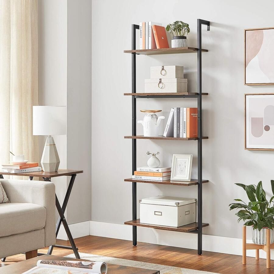MIRA Home Industrieel Ladderrek – Boekenkast Wandkast 60x30x172 cm – Zwart met Bruin – Stijlvol Boekenrek met Metaal en Hout