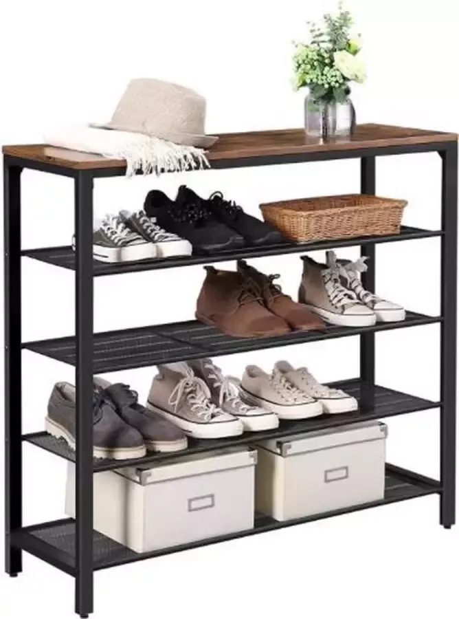 MIRA home Schoenenrek Vintage 4 Roostervlakken Metaal Hout Industrieel Zwart