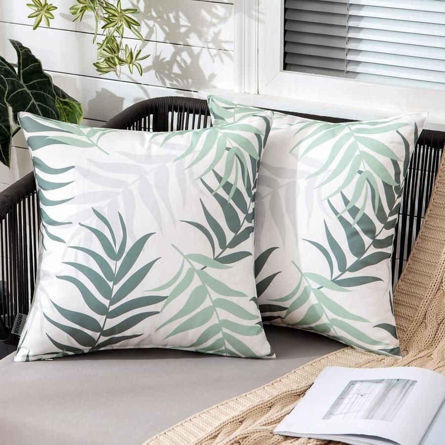 MIULEE Outdoor Kussenhoes Waterdicht Kussen Waterdicht Decoratief Kussenhoezen Bladpatroon Bankkussen Decoratief Kussen Sierkussen voor Tuin Bank Woonkamer Slaapkamer Set van 2 40 x 40 cm Groen Grijs