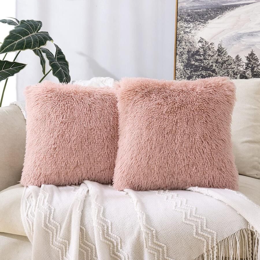 MIULEE Set van 2 kussenhoezen Kunstbont Bankkussen Decoratieve sierkussens Knuffelkussen Pluche kussen Knuffelig bankkussen Superzacht kussen Fluffy kussenhoes voor bank 40x40 cm Leer Poeder