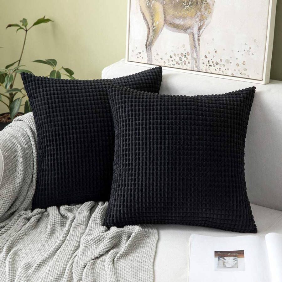 MIULEE Vierkante corduroy kussensloop met grote maïskorrels kussenhoes voor sofa slaapkamer stoel zetel decoratieve kussenhoes 18 x 18 inch 45 x 45 cm set van 2 zwart