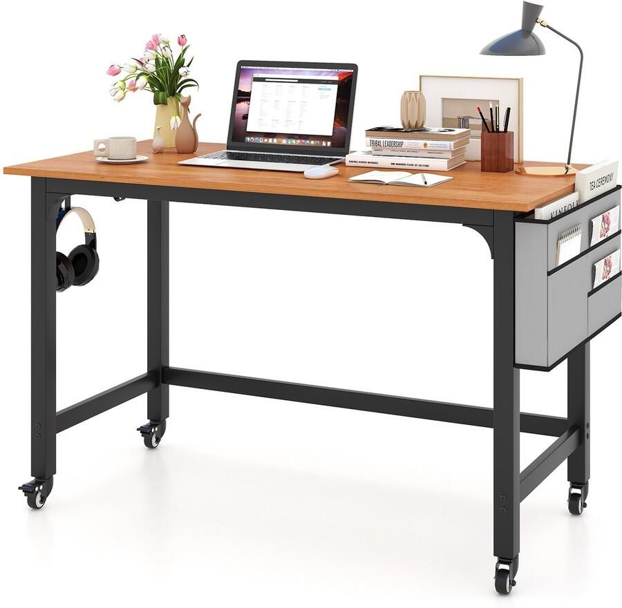 COSTWAY Bureau met wieltjes computertafel met afneembare stoffen tas en hoofdtelefoonhaak werktafel met 4 wielen bureautafel oprolbaar pc-tafel 120 x 60 x 75 cm naturel