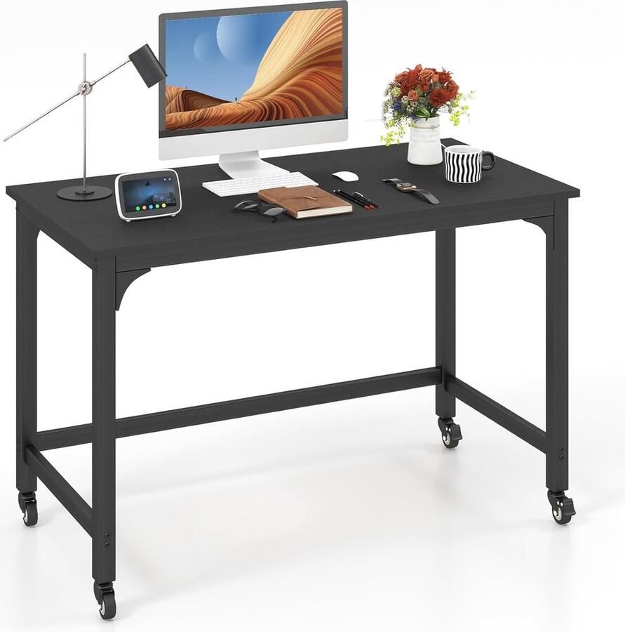 Mobiel Bureau met Wieltjes Oprolbare Computertafel met Metalen Frame Werktafel 120x60cm Zwart