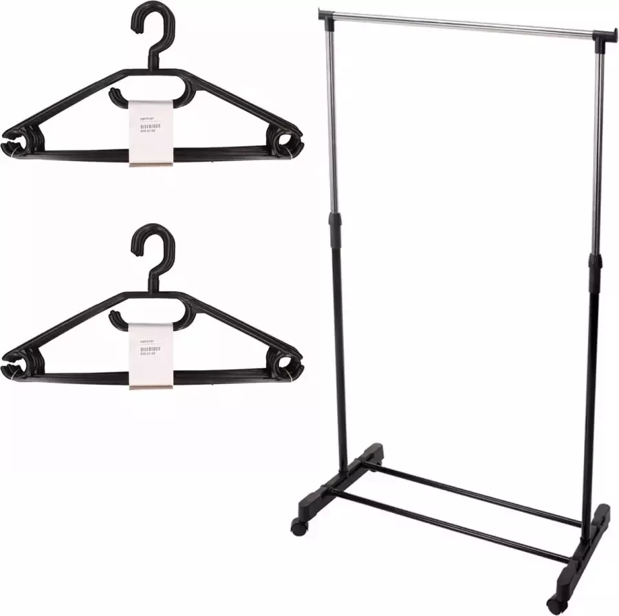 Mobiel kledingrek met kleding hangers 20 kunststof hangers zwart