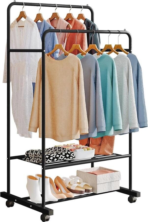 Mobiel Kledingrek met Wieltjes en Plank Twee-polig Vrijstaand Multifuntioneel Draagvermogen tot 110 lbs Voor Slaapkamer en Woonkamer