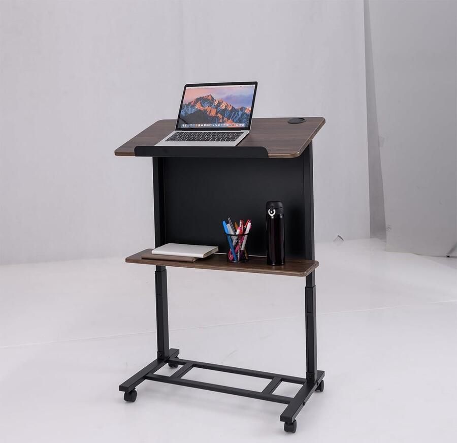 Mobiel sta-bureau in hoogte verstelbaar sprekerbureau met kantelbaar tafelblad opbergvak en randstopper schrijfbureau statafel op wielen voor thuiskantoor walnoot
