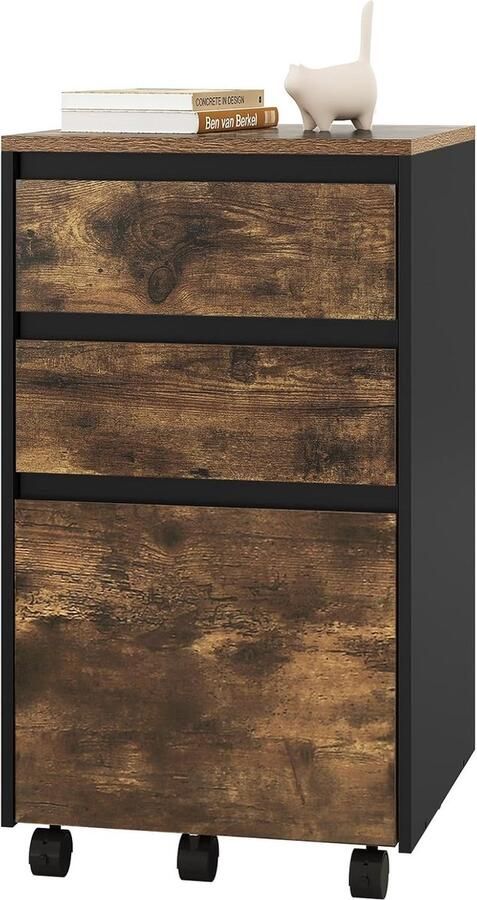 Mobiele archiefkast kast voor ordner opbergkast voor kantoor kantoorkast met wielen rolcontainer met 3 laden donker eiken zwart 40 x 70 x 40 cm